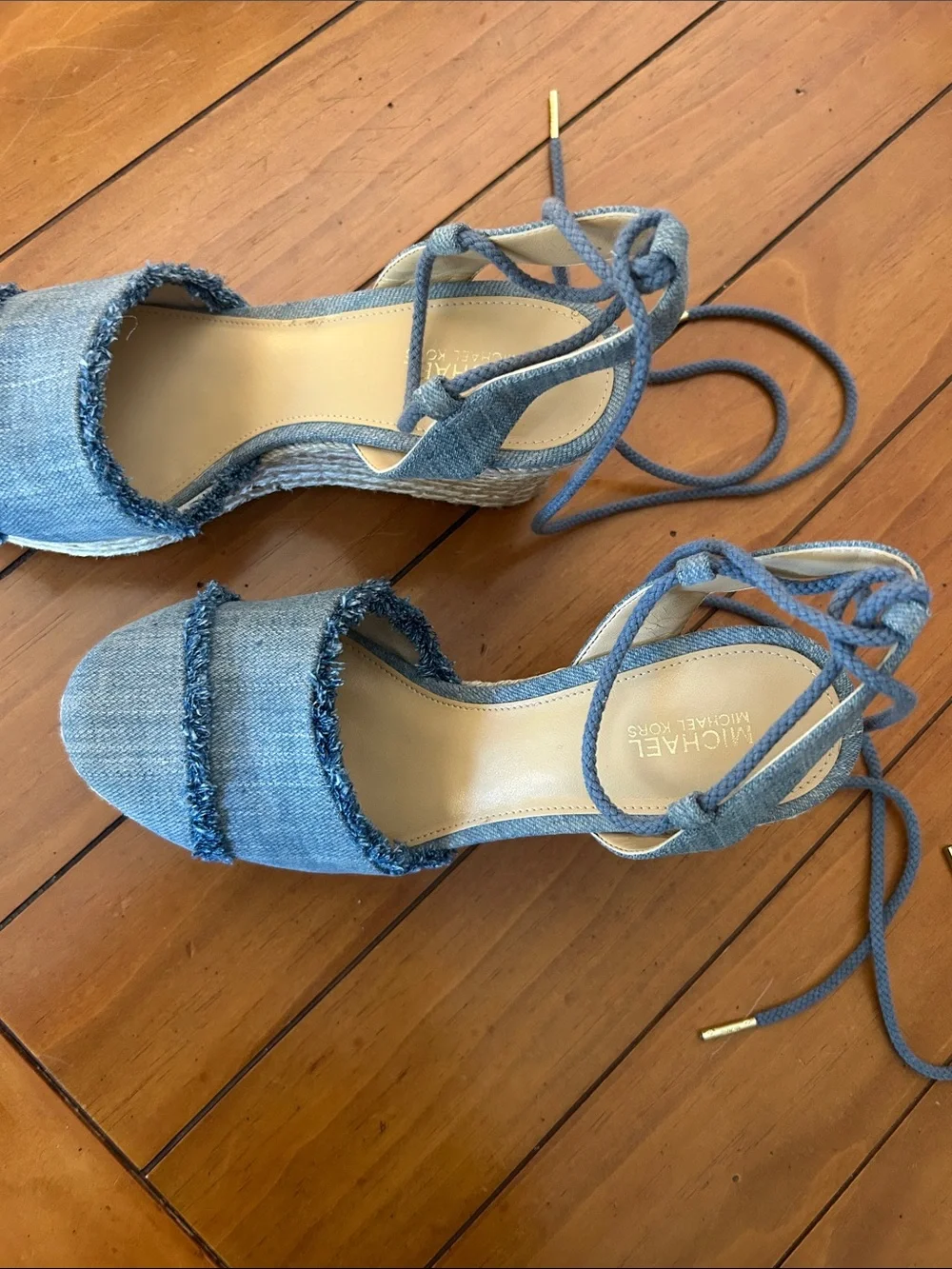 Michael Kors Denim Espadrille Wedge Sandals Ankle Tie Size 6.5 EUC